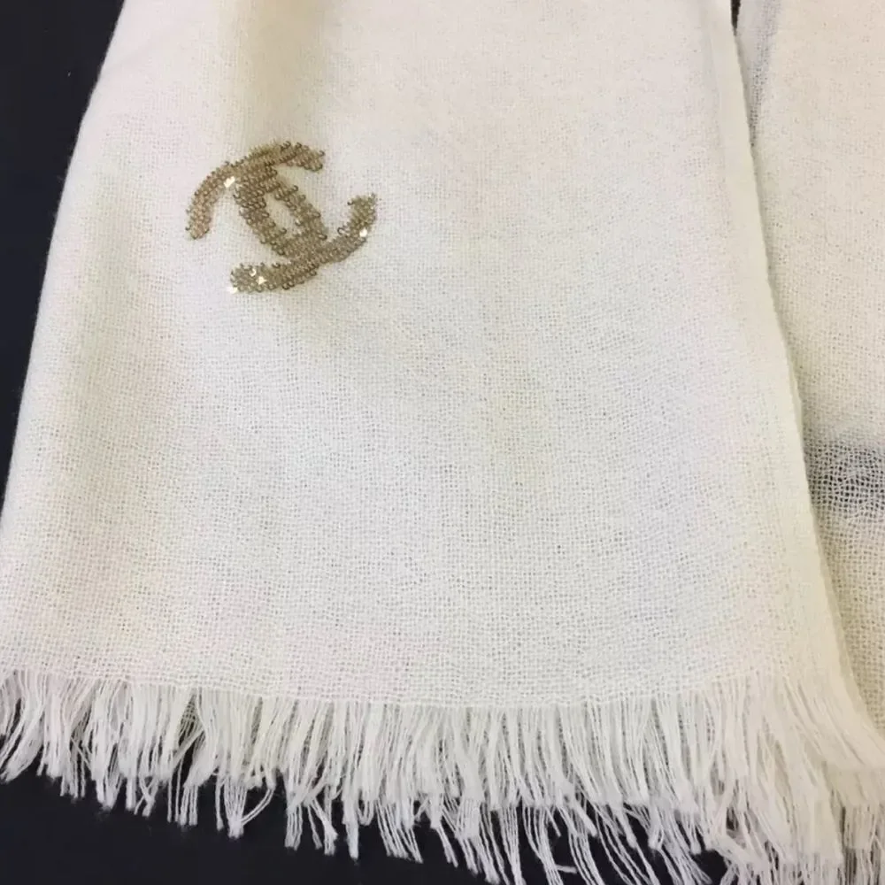 Auth Chanel 100% Creamy White Cashmere CC Gold Sequins Stole Scarf Muffler Wrap